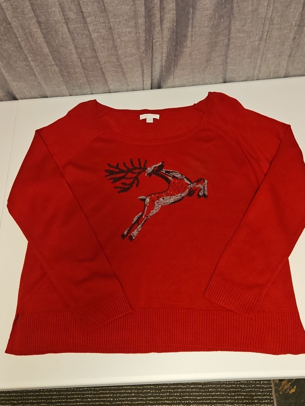 New York & Company Red Crewneck Sweater with Sequin Reindeer